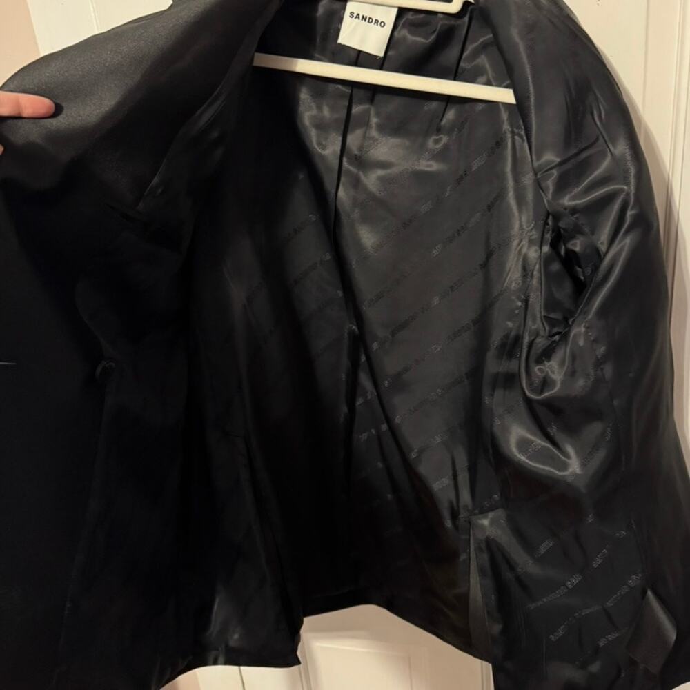 Sandro Black Shiny Satin Oversized Suit Jacket Size 1/Small/EU 36/US 4 - Picture 5 of 12